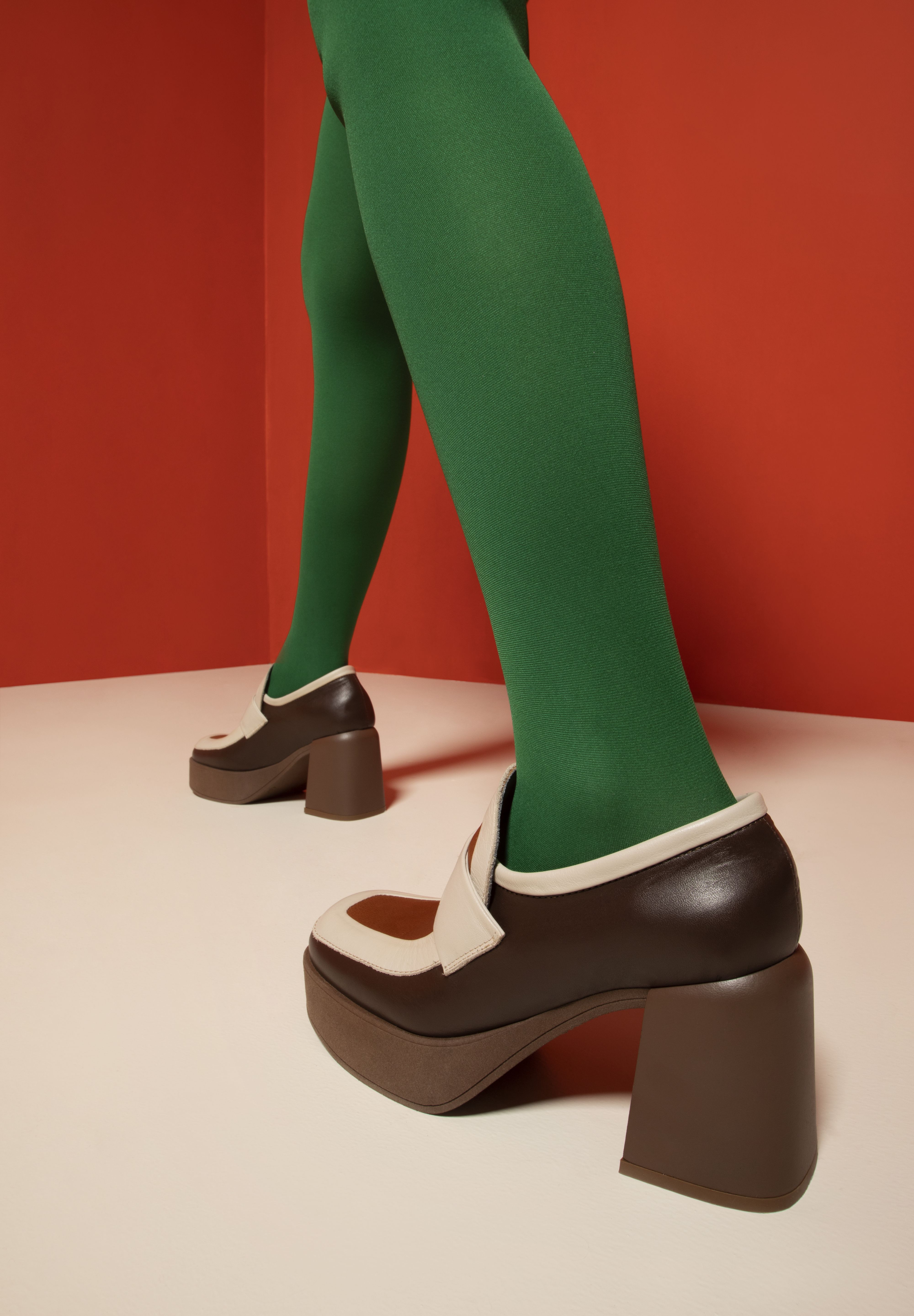 brown heel and big platform mocassin with cream and cuoio details. Patrizia Bonfanti new creation